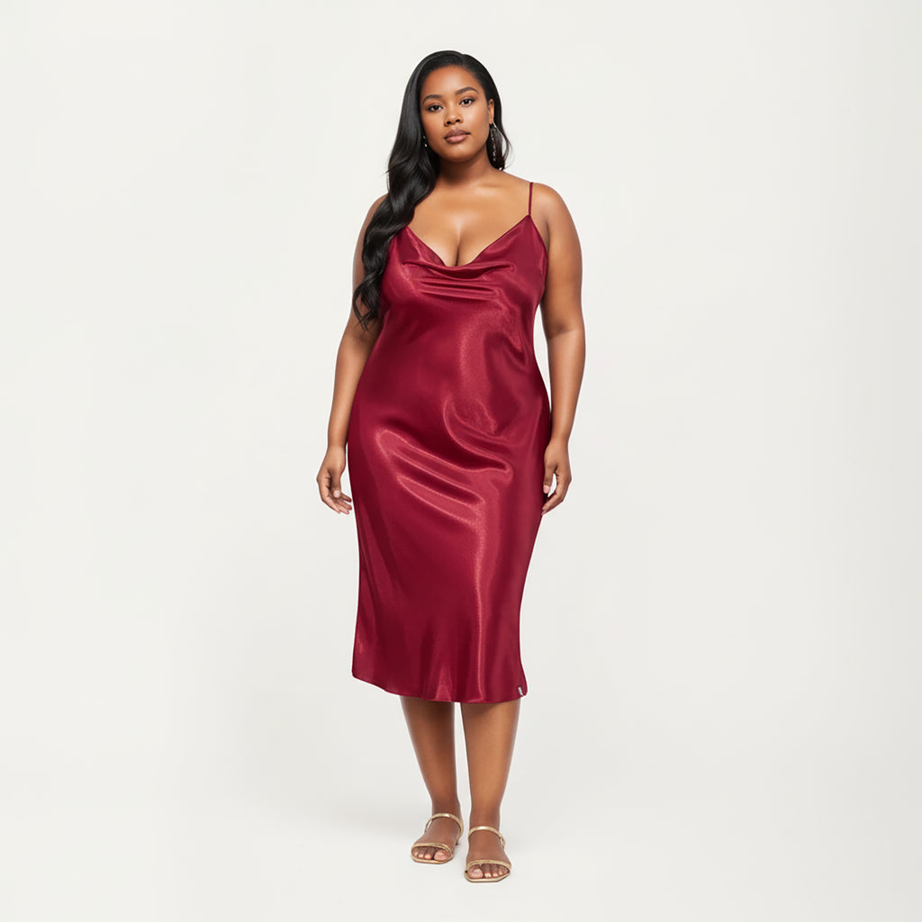 Anna-Kaci Lounge Women's PLus Size Satin Midi Slip Dress with Draped Neckline and Smooth Glossy Fabric