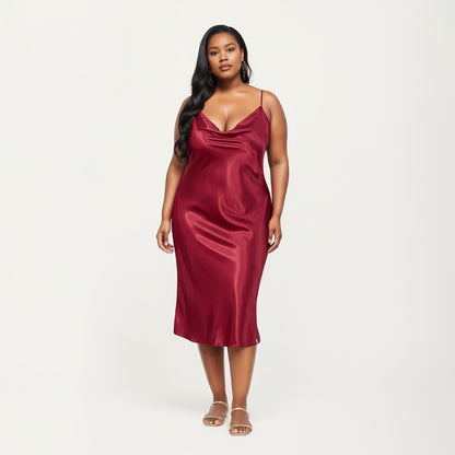 Anna-Kaci Lounge Women's PLus Size Satin Midi Slip Dress with Draped Neckline and Smooth Glossy Fabric