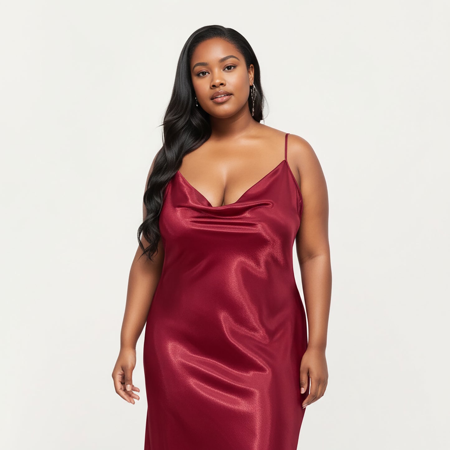 Anna-Kaci Lounge Women's PLus Size Satin Midi Slip Dress with Draped Neckline and Smooth Glossy Fabric