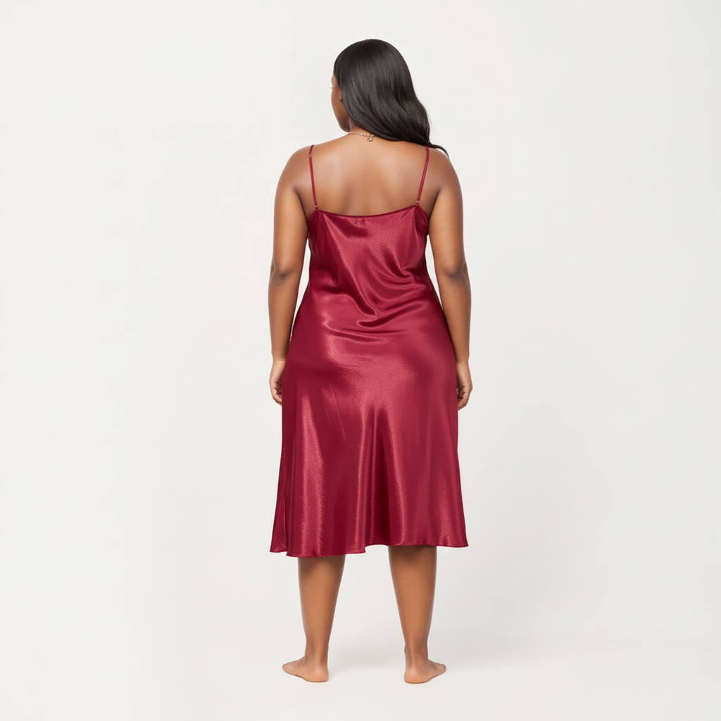 Anna-Kaci Lounge Women's PLus Size Satin Midi Slip Dress with Draped Neckline and Smooth Glossy Fabric