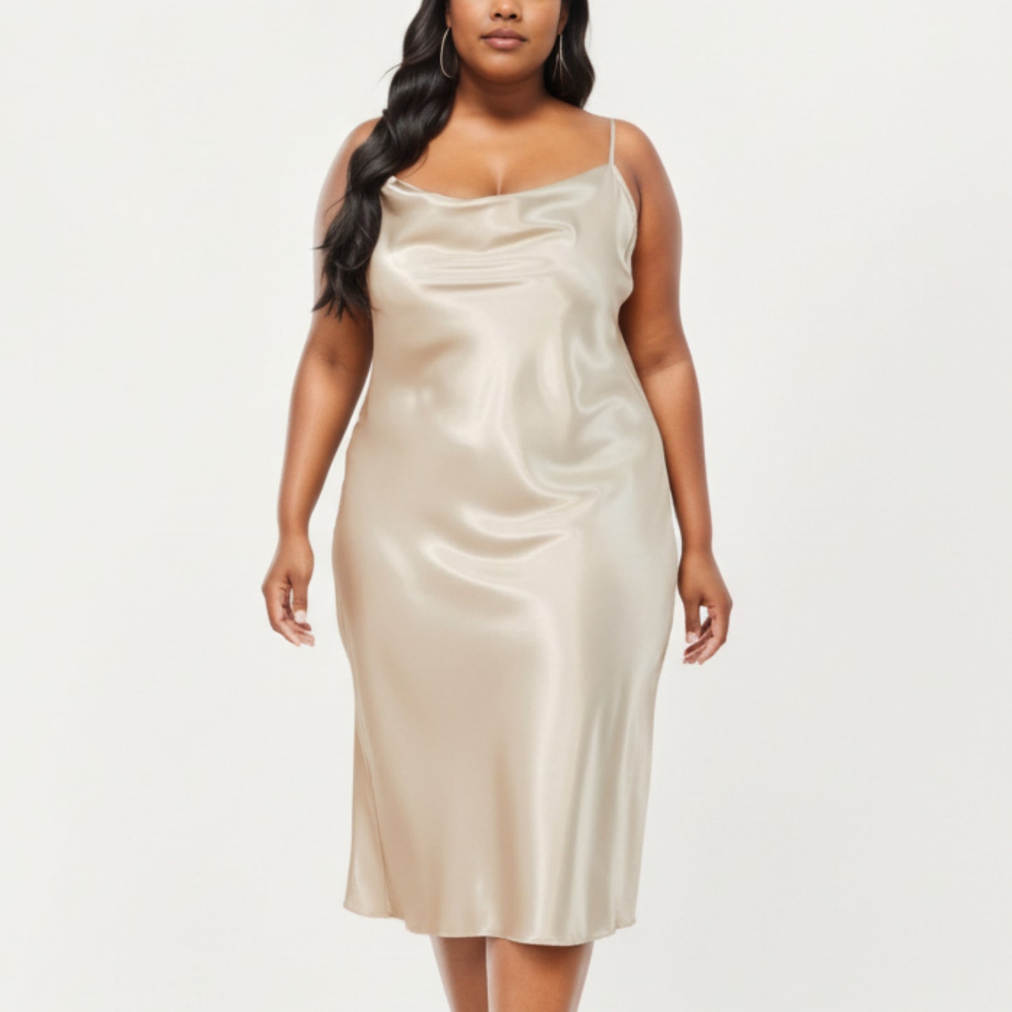 Anna-Kaci Lounge Women's PLus Size Satin Midi Slip Dress with Draped Neckline and Smooth Glossy Fabric