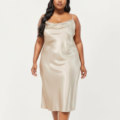 Anna-Kaci Lounge Women's PLus Size Satin Midi Slip Dress with Draped Neckline and Smooth Glossy Fabric