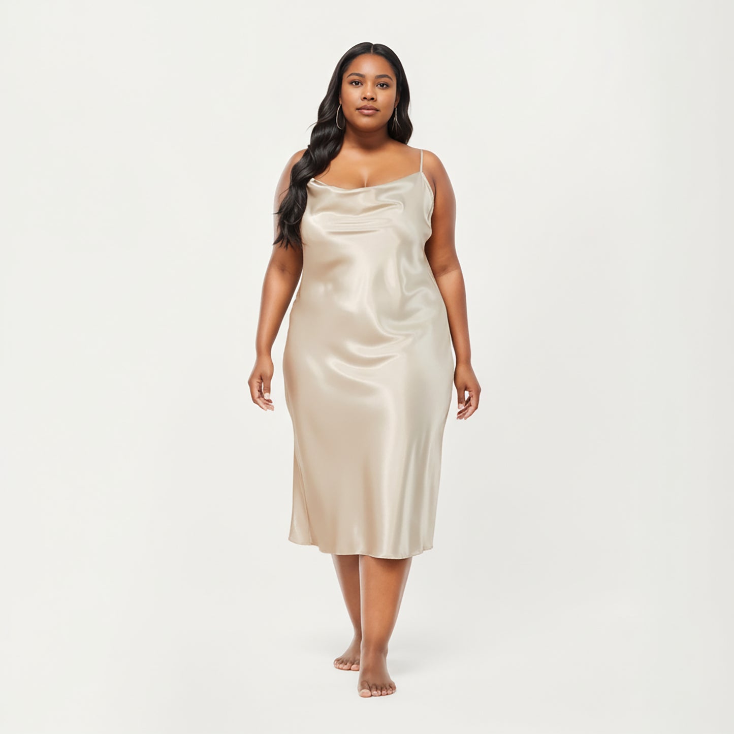 Anna-Kaci Lounge Women's PLus Size Satin Midi Slip Dress with Draped Neckline and Smooth Glossy Fabric