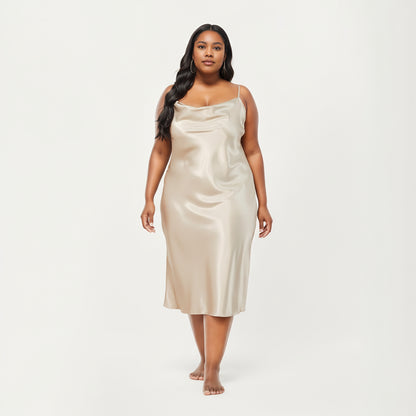 Anna-Kaci Lounge Women's PLus Size Satin Midi Slip Dress with Draped Neckline and Smooth Glossy Fabric
