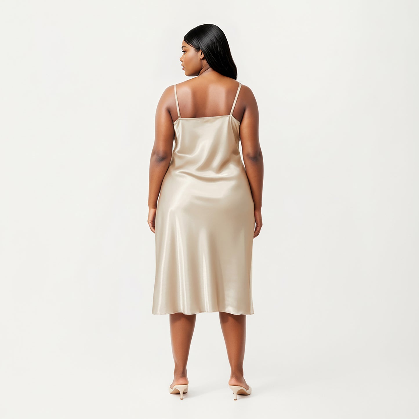 Anna-Kaci Lounge Women's PLus Size Satin Midi Slip Dress with Draped Neckline and Smooth Glossy Fabric