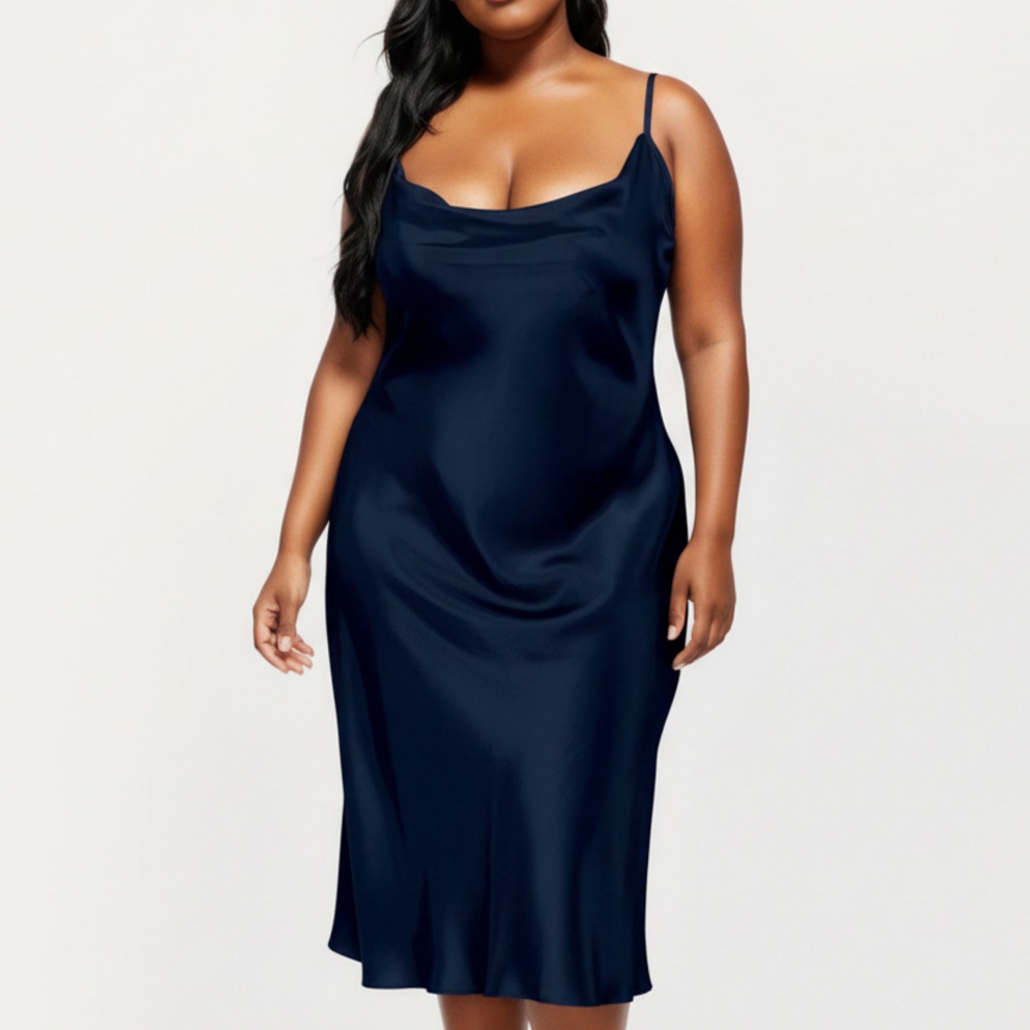 Anna-Kaci Lounge Women's PLus Size Satin Midi Slip Dress with Draped Neckline and Smooth Glossy Fabric