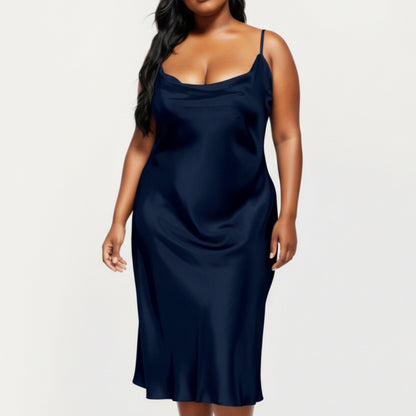 Anna-Kaci Lounge Women's PLus Size Satin Midi Slip Dress with Draped Neckline and Smooth Glossy Fabric