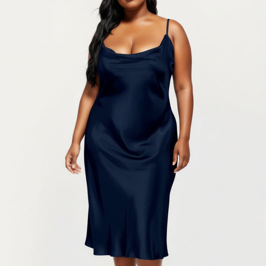 Anna-Kaci Lounge Women's PLus Size Satin Midi Slip Dress with Draped Neckline and Smooth Glossy Fabric