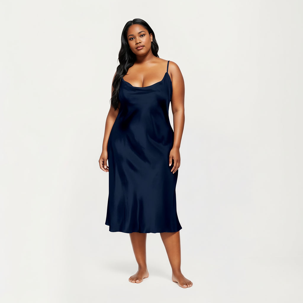 Anna-Kaci Lounge Women's PLus Size Satin Midi Slip Dress with Draped Neckline and Smooth Glossy Fabric