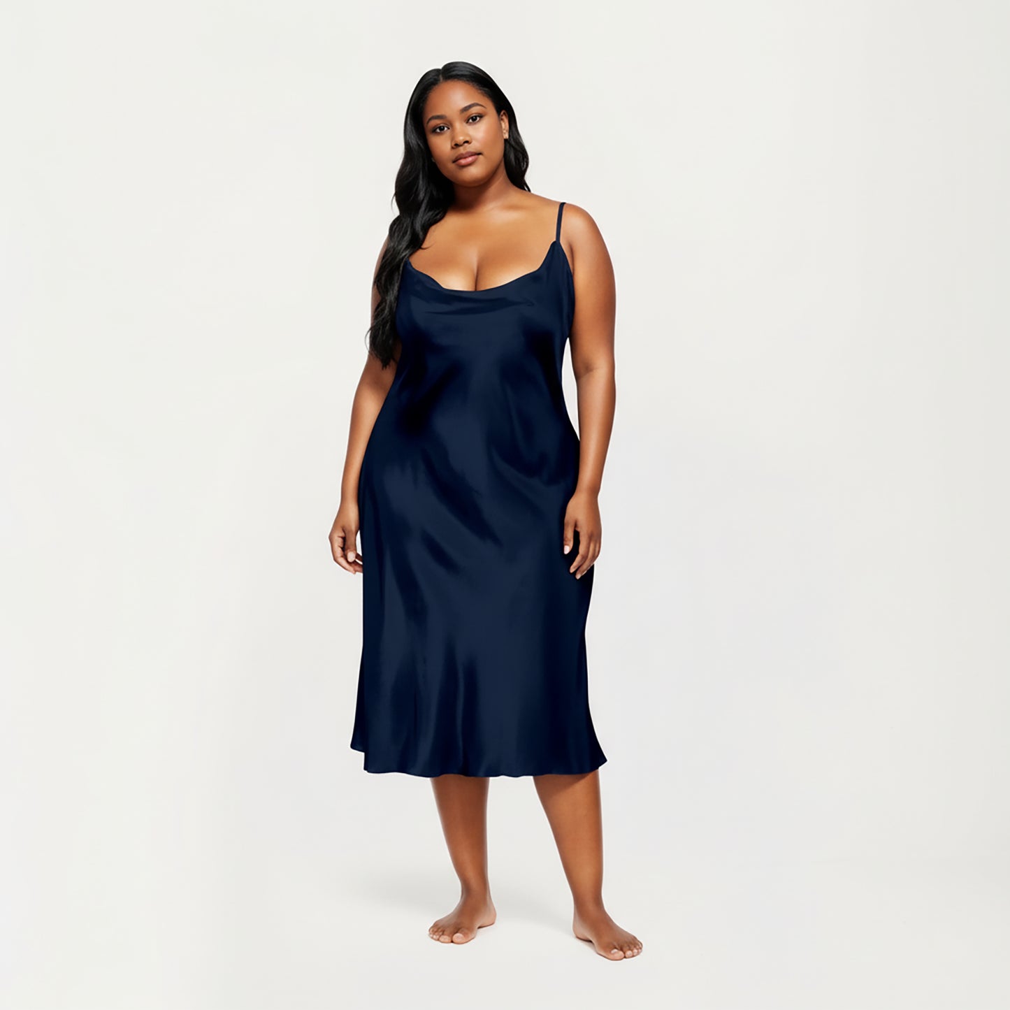 Anna-Kaci Lounge Women's PLus Size Satin Midi Slip Dress with Draped Neckline and Smooth Glossy Fabric