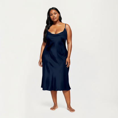 Anna-Kaci Lounge Women's PLus Size Satin Midi Slip Dress with Draped Neckline and Smooth Glossy Fabric