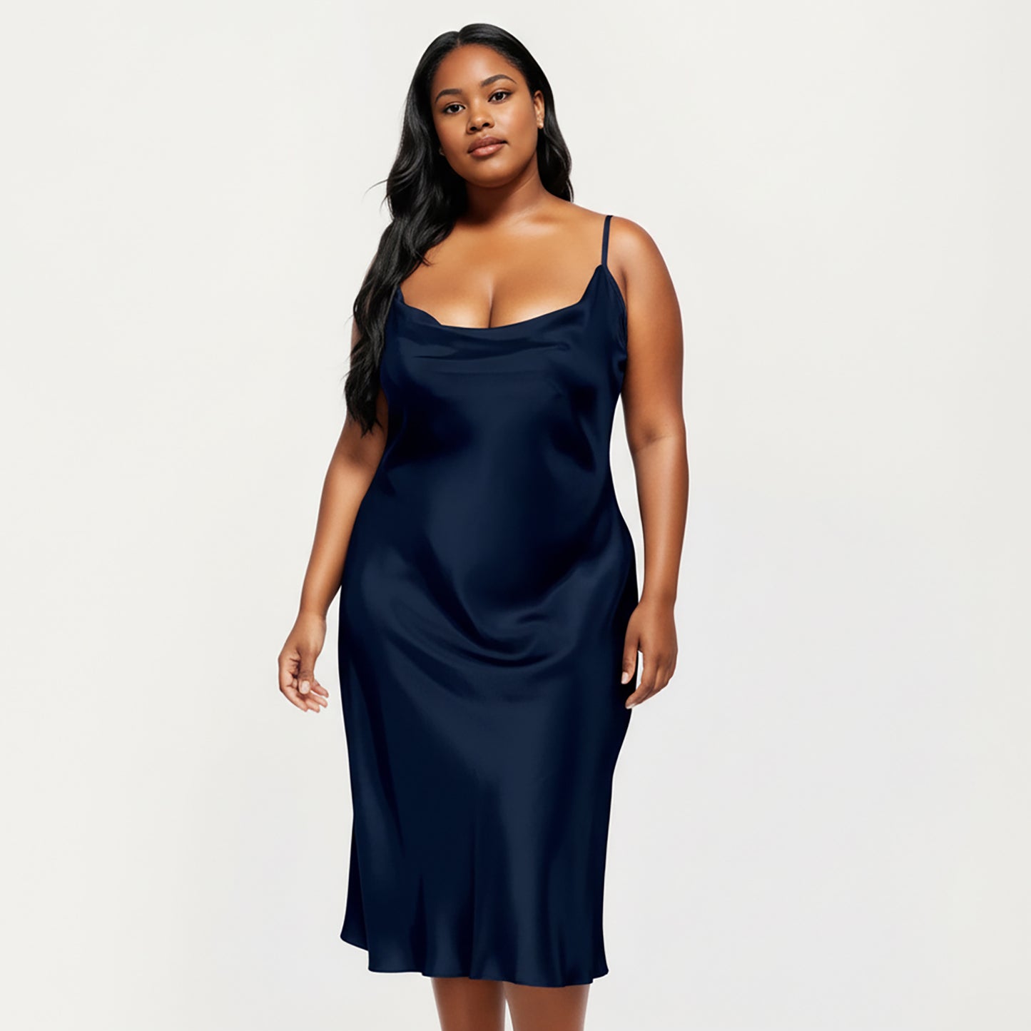 Anna-Kaci Lounge Women's PLus Size Satin Midi Slip Dress with Draped Neckline and Smooth Glossy Fabric