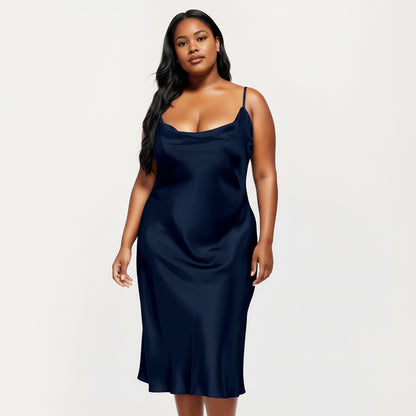 Anna-Kaci Lounge Women's PLus Size Satin Midi Slip Dress with Draped Neckline and Smooth Glossy Fabric