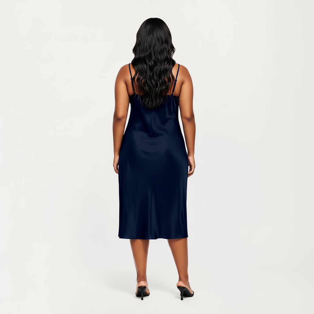 Anna-Kaci Lounge Women's PLus Size Satin Midi Slip Dress with Draped Neckline and Smooth Glossy Fabric