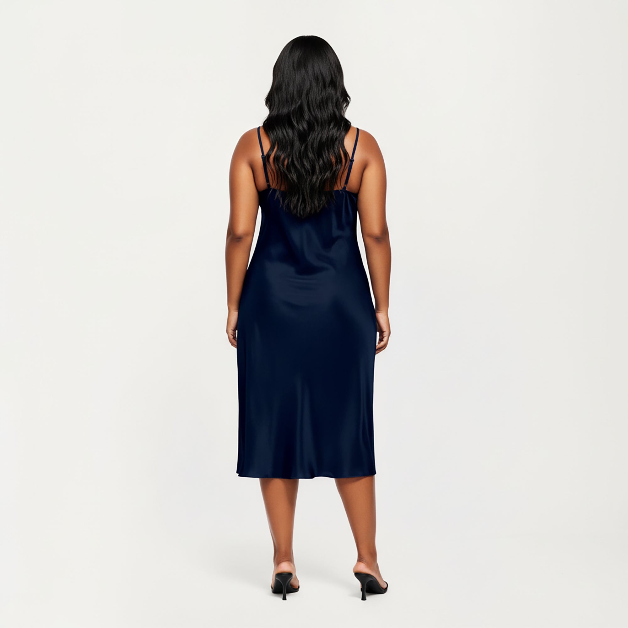 Anna-Kaci Lounge Women's PLus Size Satin Midi Slip Dress with Draped Neckline and Smooth Glossy Fabric