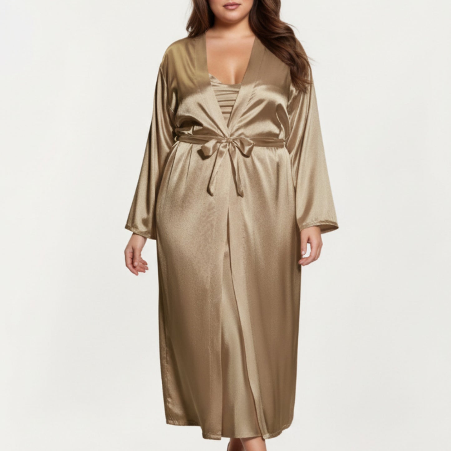 Anna-Kaci Lounge Women's PLus Size Satin Robe and Slip Set with Smooth Draping Fabric and Elegant Silhouette