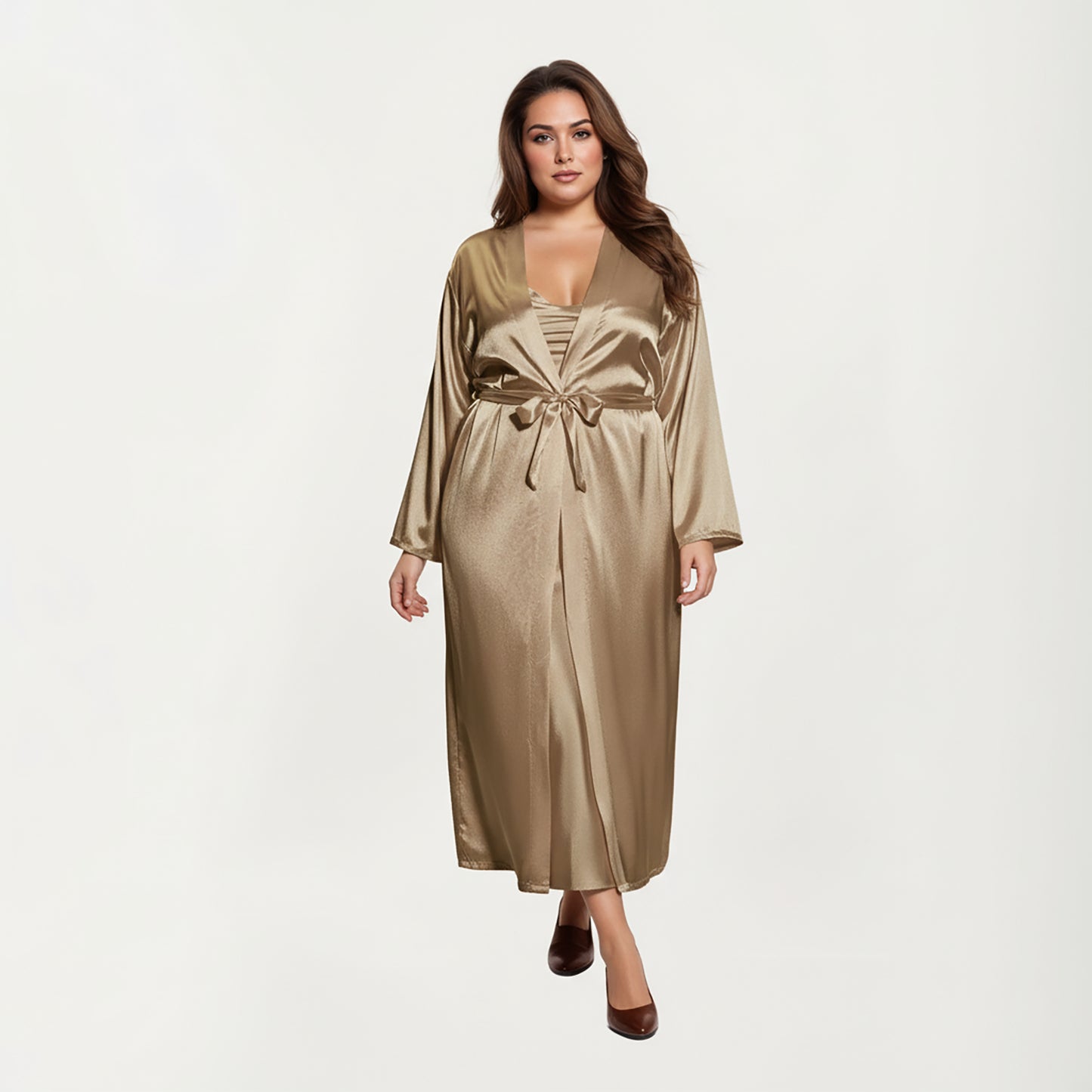 Anna-Kaci Lounge Women's PLus Size Satin Robe and Slip Set with Smooth Draping Fabric and Elegant Silhouette
