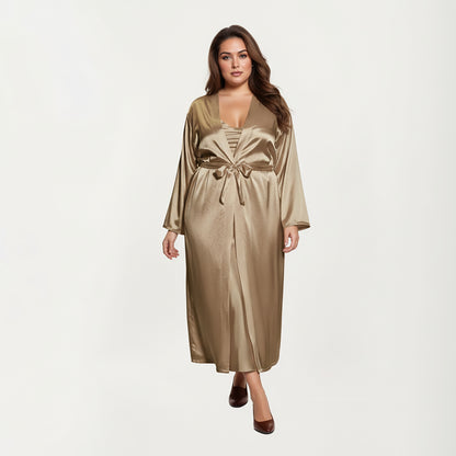Anna-Kaci Lounge Women's PLus Size Satin Robe and Slip Set with Smooth Draping Fabric and Elegant Silhouette
