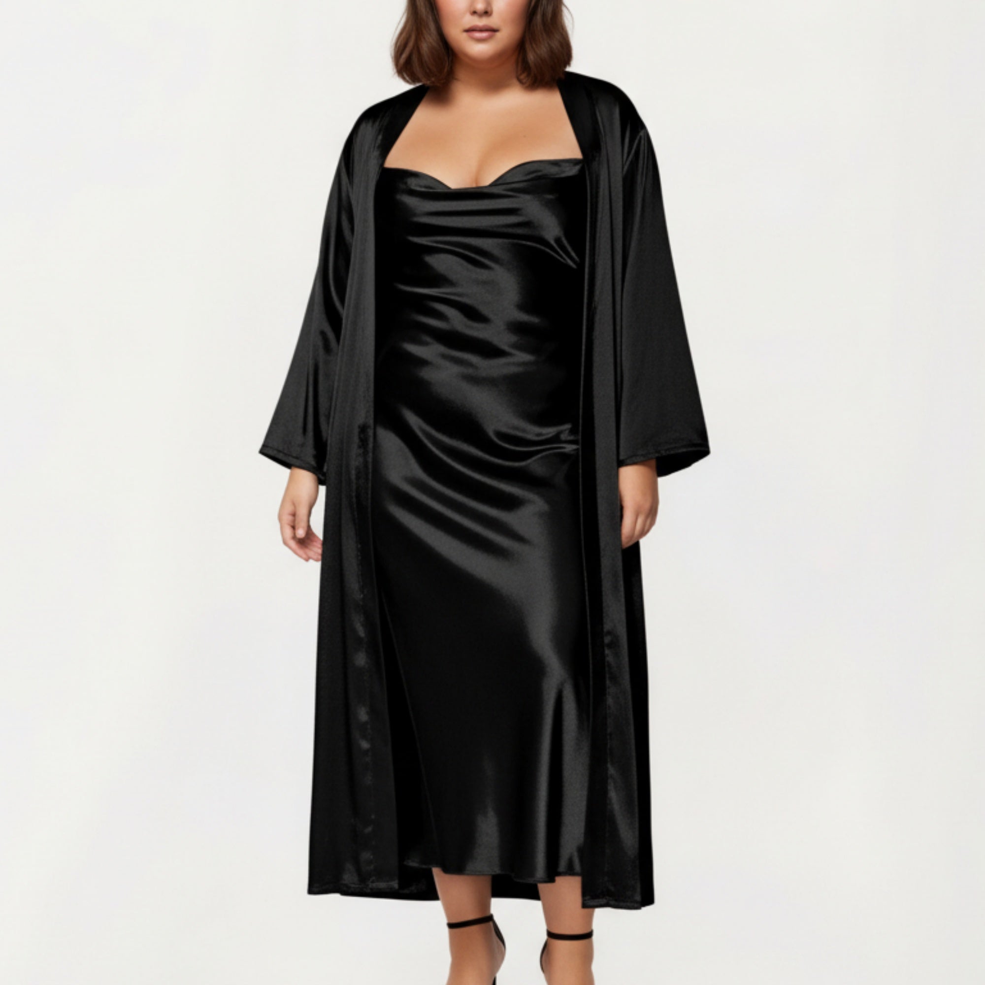 Anna-Kaci Lounge Women's PLus Size Satin Robe and Slip Set with Smooth Draping Fabric and Elegant Silhouette