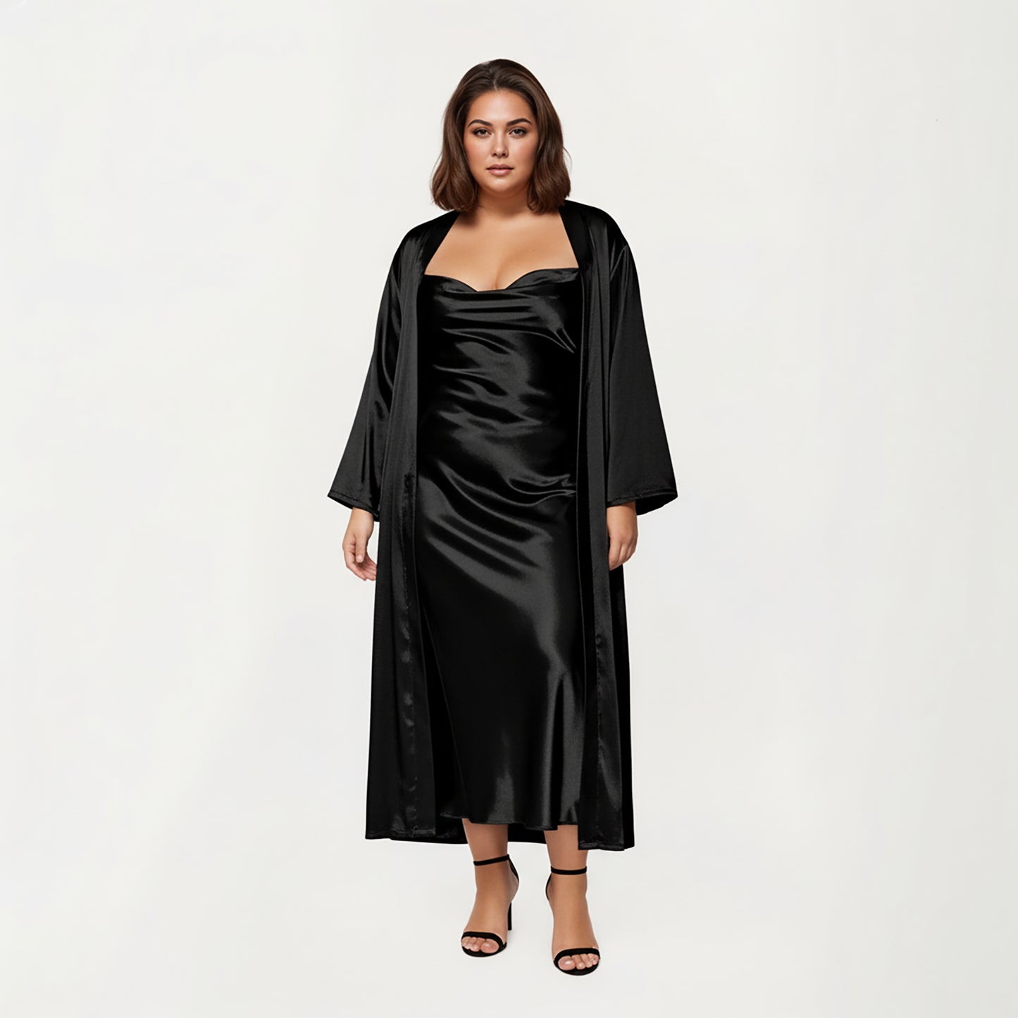 Anna-Kaci Lounge Women's PLus Size Satin Robe and Slip Set with Smooth Draping Fabric and Elegant Silhouette