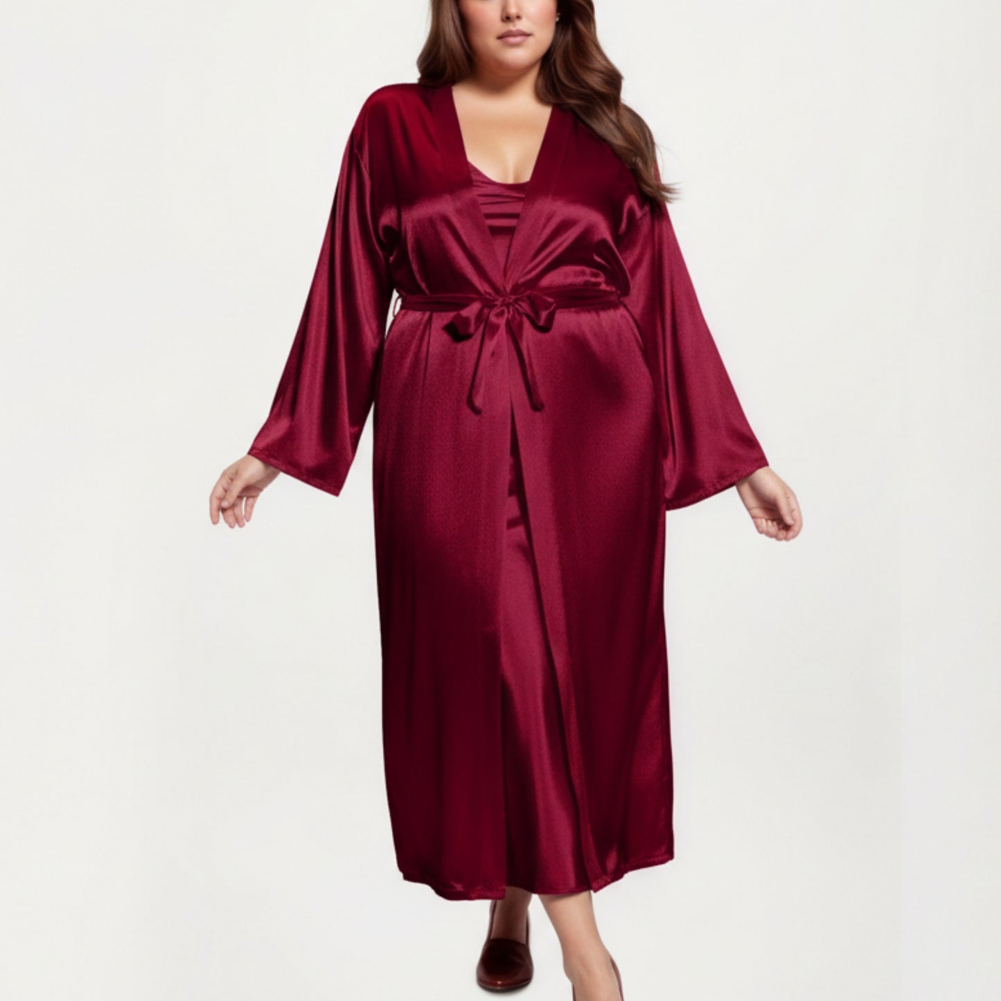 Anna-Kaci Lounge Women's PLus Size Satin Robe and Slip Set with Smooth Draping Fabric and Elegant Silhouette