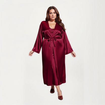 Anna-Kaci Lounge Women's PLus Size Satin Robe and Slip Set with Smooth Draping Fabric and Elegant Silhouette