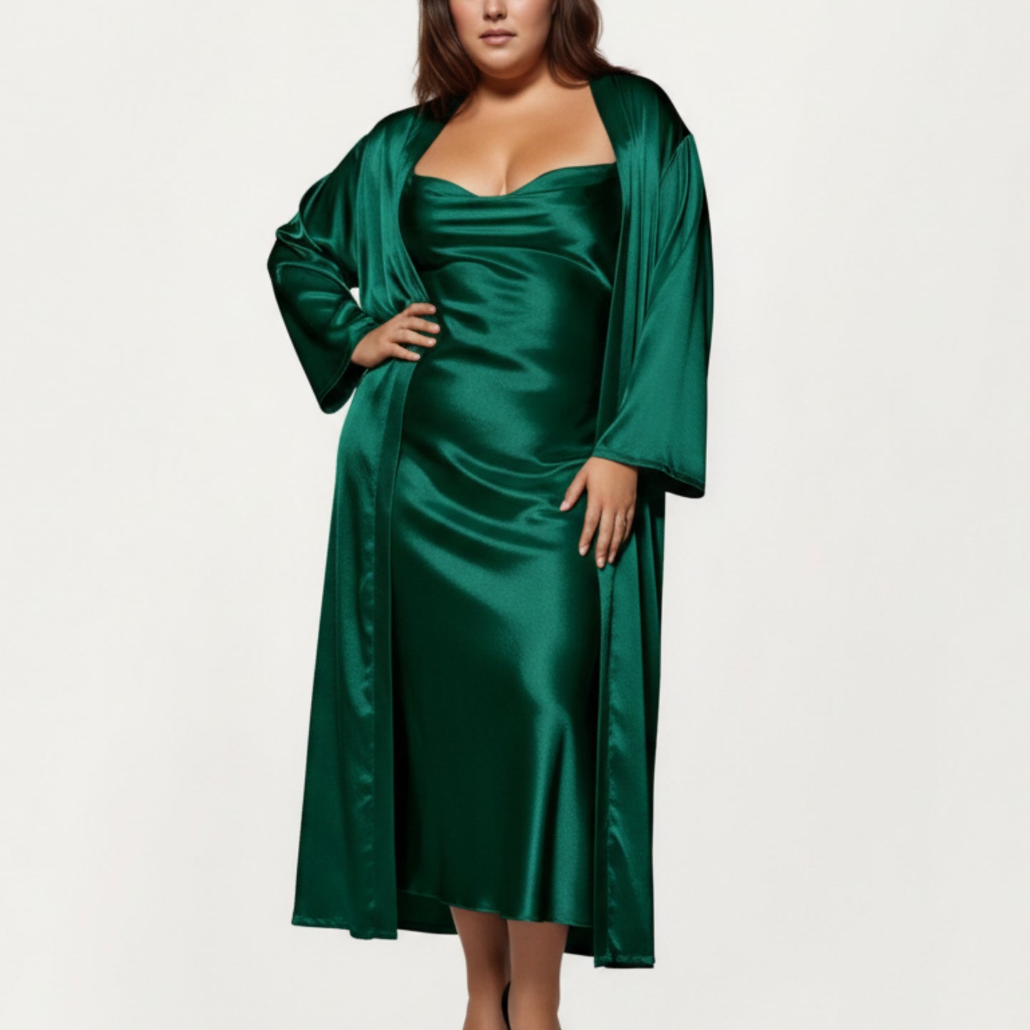 Anna-Kaci Lounge Women's PLus Size Satin Robe and Slip Set with Smooth Draping Fabric and Elegant Silhouette