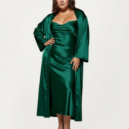 Anna-Kaci Lounge Women's PLus Size Satin Robe and Slip Set with Smooth Draping Fabric and Elegant Silhouette