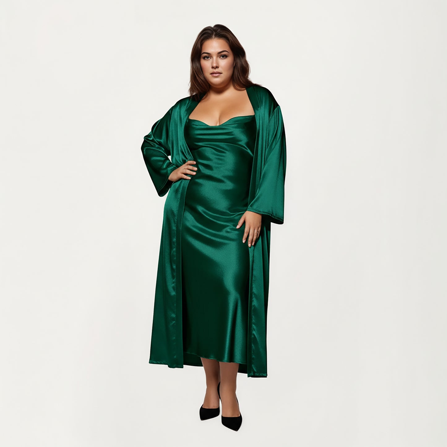 Anna-Kaci Lounge Women's PLus Size Satin Robe and Slip Set with Smooth Draping Fabric and Elegant Silhouette