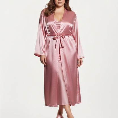 Anna-Kaci Lounge Women's PLus Size Satin Robe and Slip Set with Smooth Draping Fabric and Elegant Silhouette