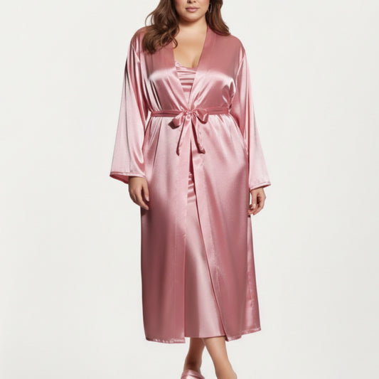 Anna-Kaci Lounge Women's PLus Size Satin Robe and Slip Set with Smooth Draping Fabric and Elegant Silhouette