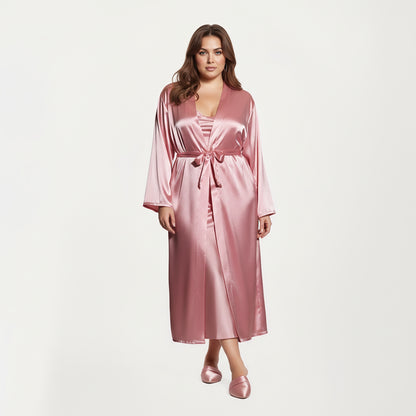 Anna-Kaci Lounge Women's PLus Size Satin Robe and Slip Set with Smooth Draping Fabric and Elegant Silhouette
