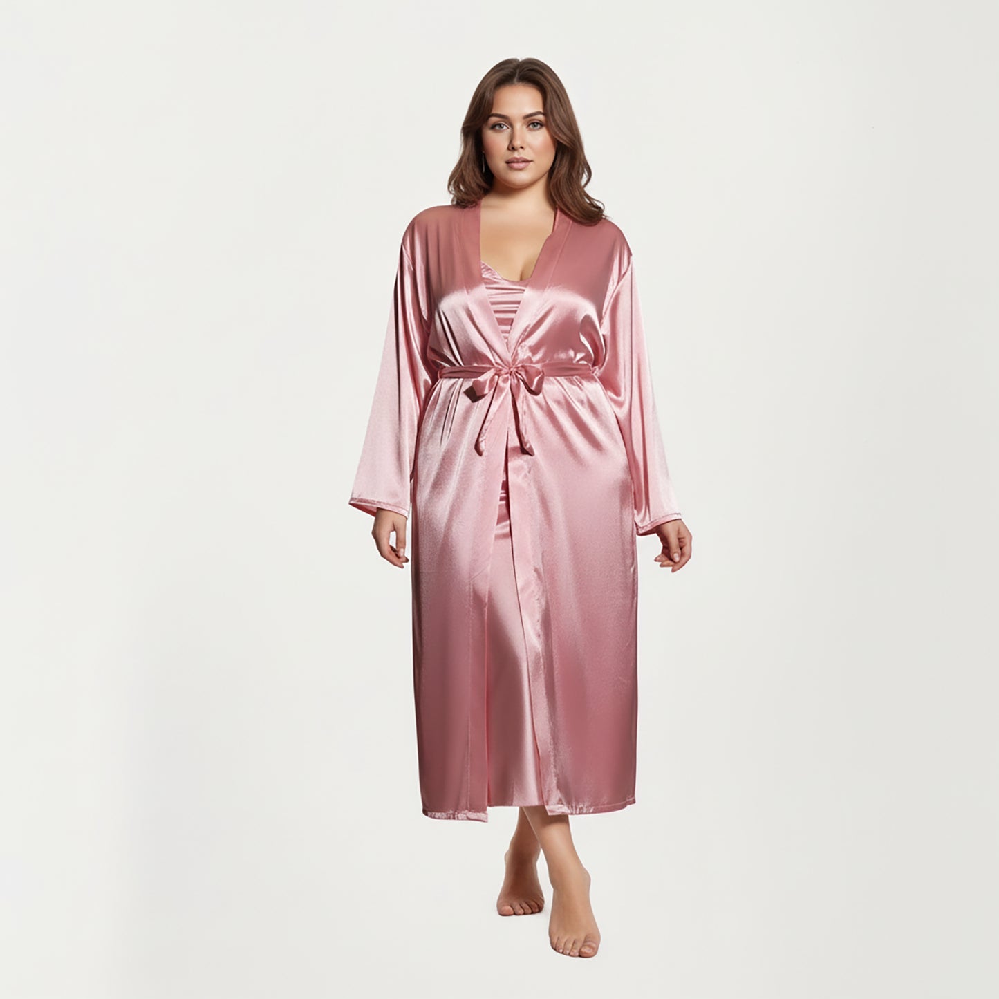 Anna-Kaci Lounge Women's PLus Size Satin Robe and Slip Set with Smooth Draping Fabric and Elegant Silhouette