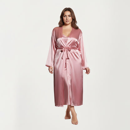 Anna-Kaci Lounge Women's PLus Size Satin Robe and Slip Set with Smooth Draping Fabric and Elegant Silhouette