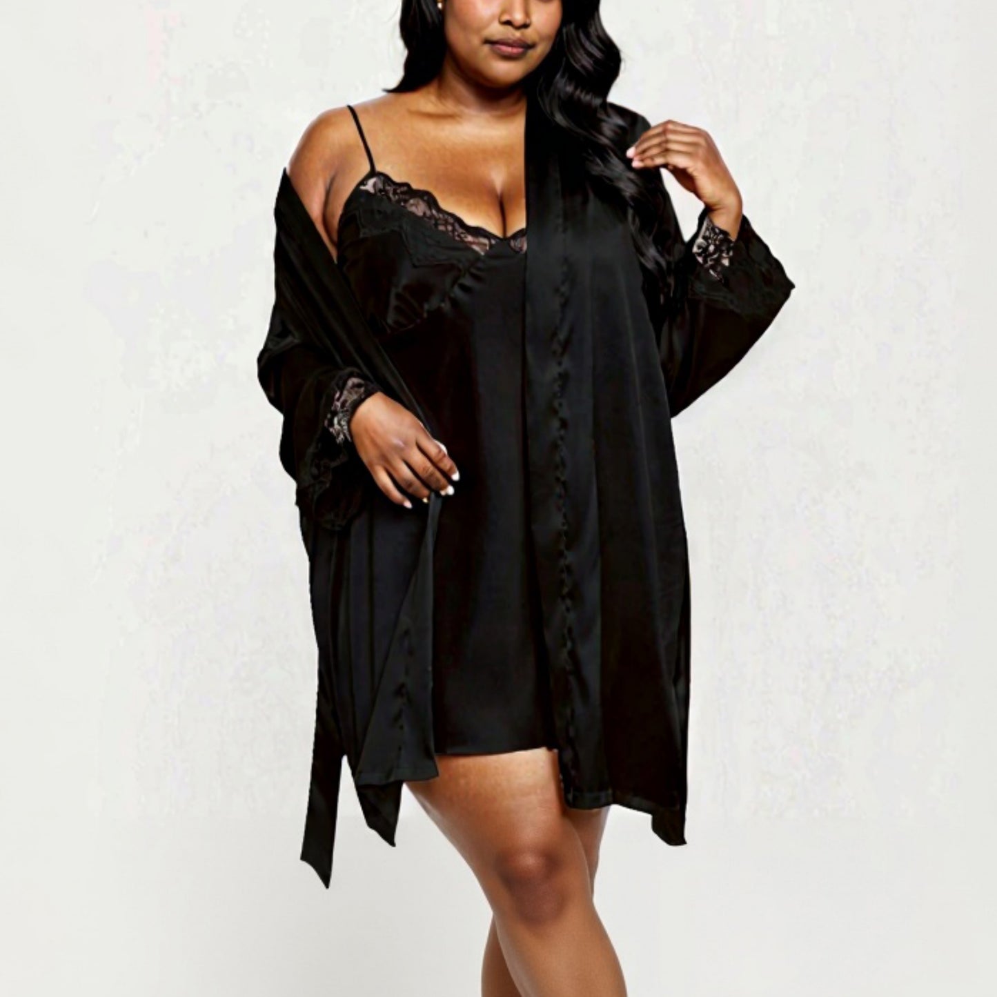 Anna-Kaci Lounge Women's PLus Size Satin Robe and Slip Set with Soft Lace Trim on Sleeves and Delicate Sheen
