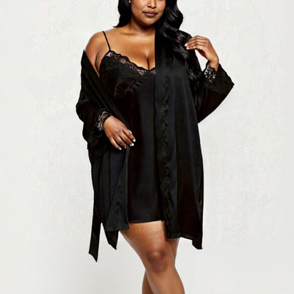 Anna-Kaci Lounge Women's PLus Size Satin Robe and Slip Set with Soft Lace Trim on Sleeves and Delicate Sheen