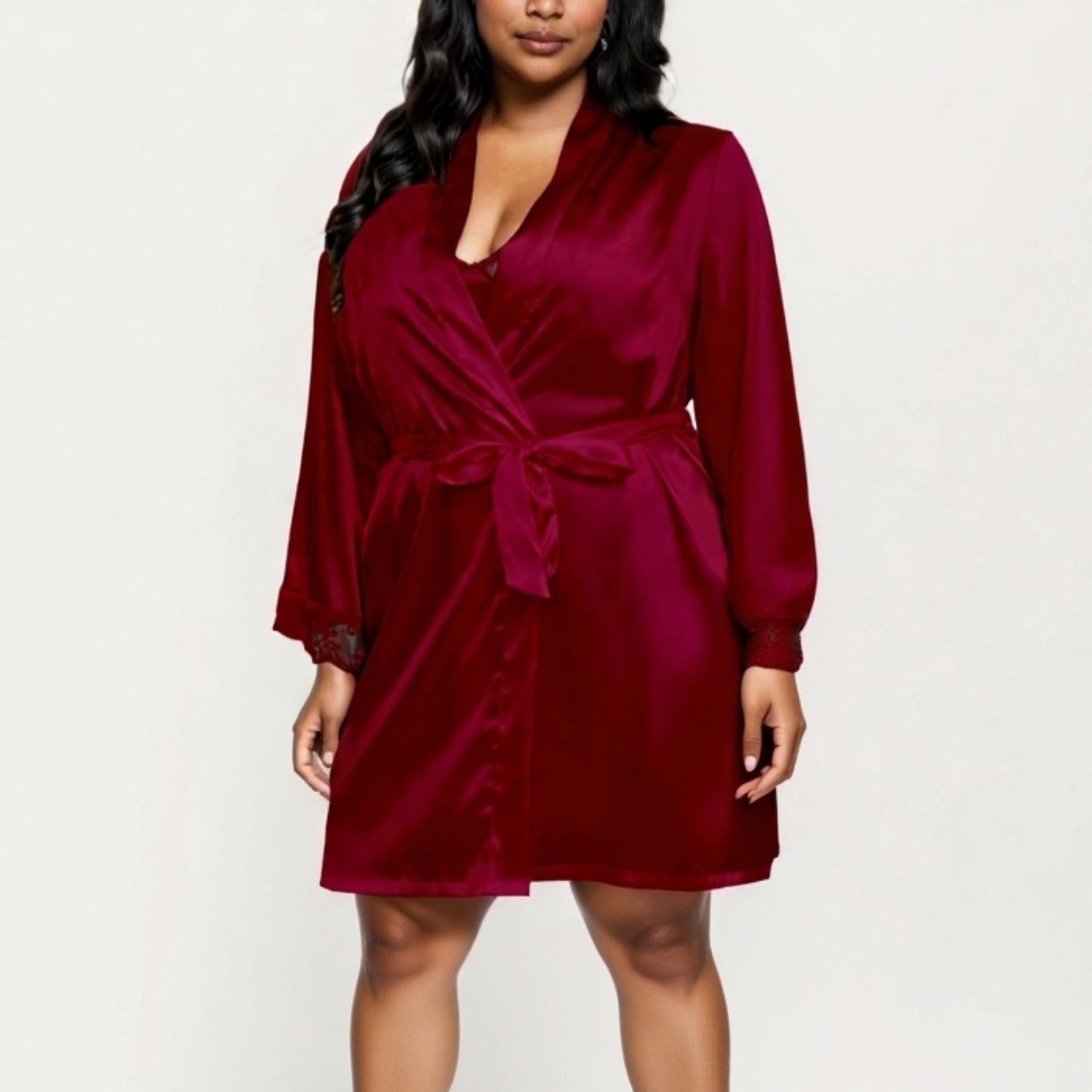 Anna-Kaci Lounge Women's PLus Size Satin Robe and Slip Set with Soft Lace Trim on Sleeves and Delicate Sheen