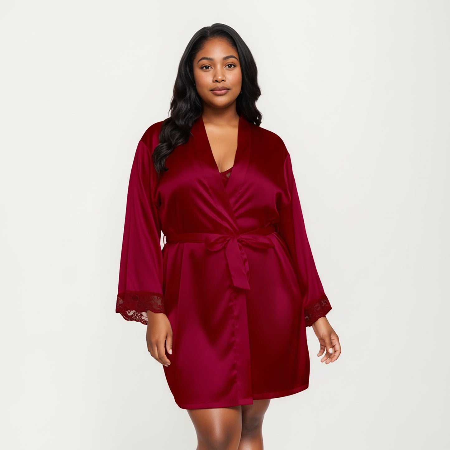 Anna-Kaci Lounge Women's PLus Size Satin Robe and Slip Set with Soft Lace Trim on Sleeves and Delicate Sheen
