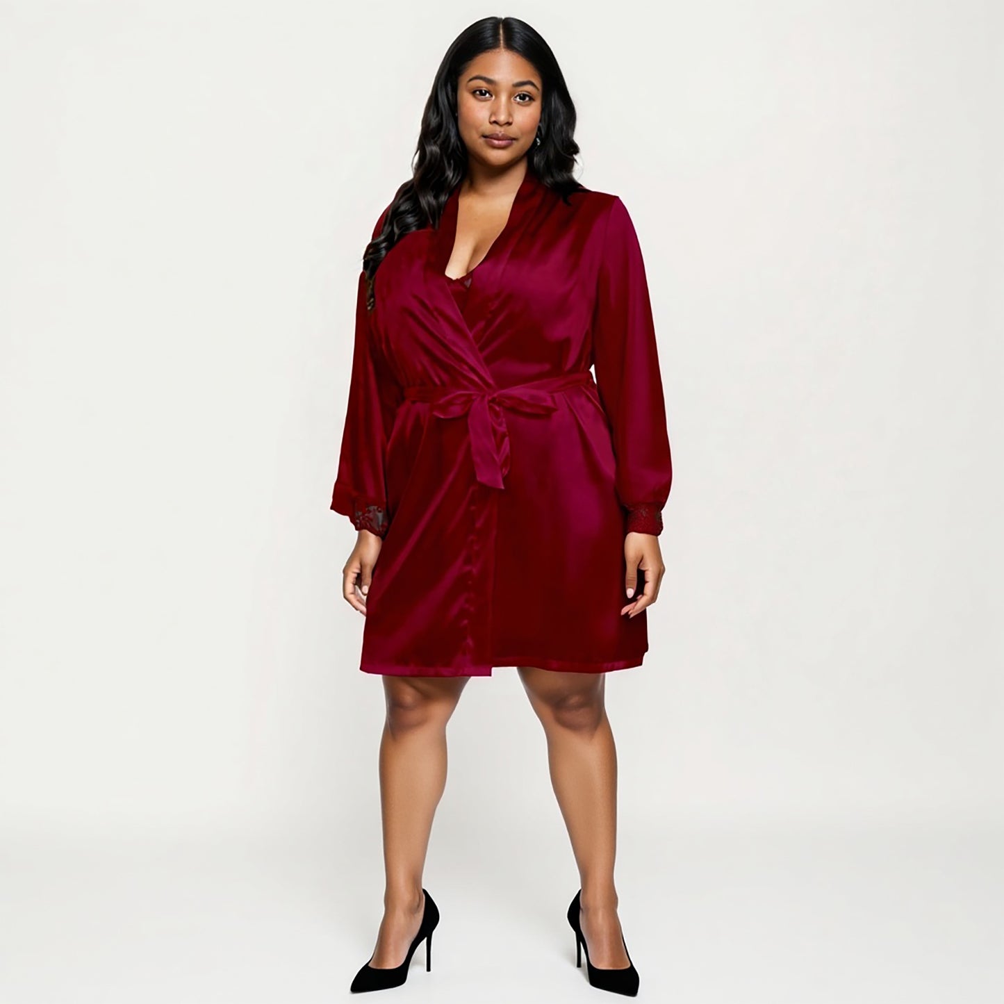 Anna-Kaci Lounge Women's PLus Size Satin Robe and Slip Set with Soft Lace Trim on Sleeves and Delicate Sheen