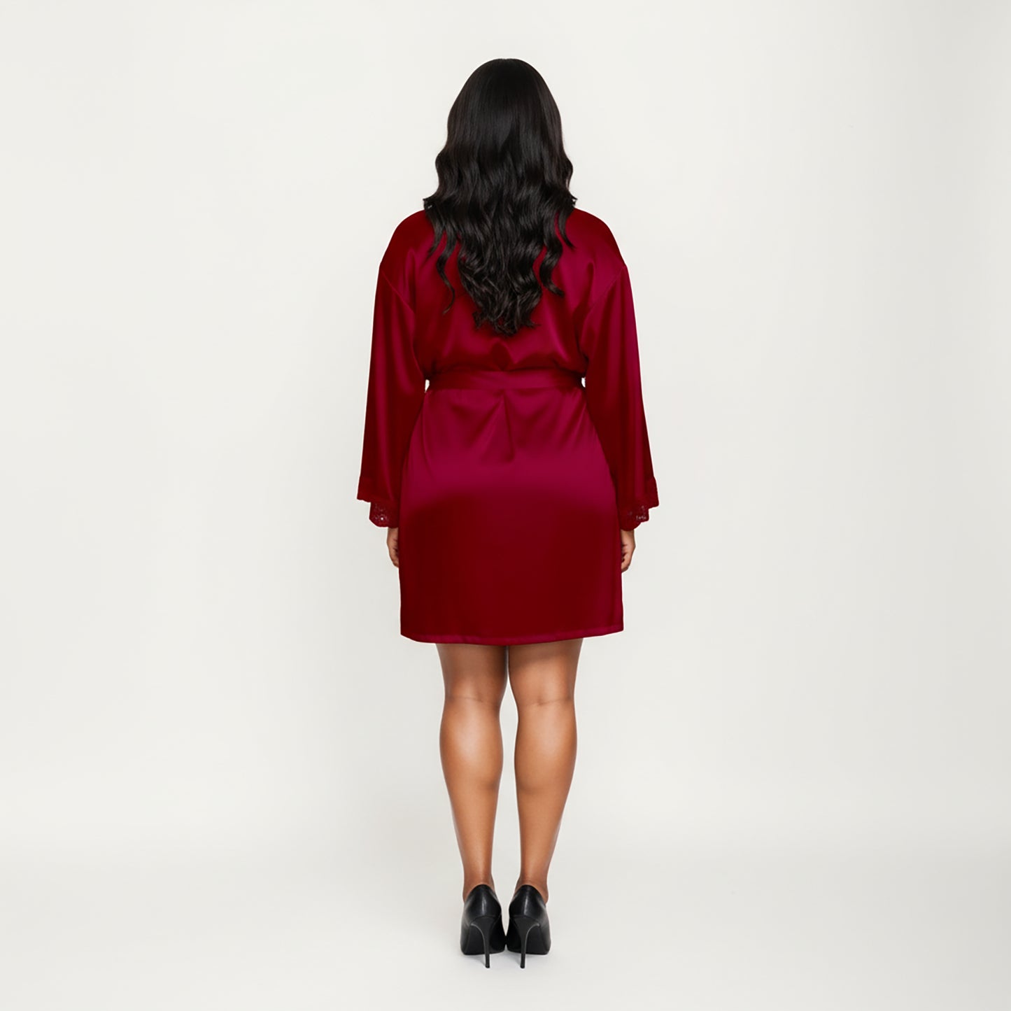 Anna-Kaci Lounge Women's PLus Size Satin Robe and Slip Set with Soft Lace Trim on Sleeves and Delicate Sheen