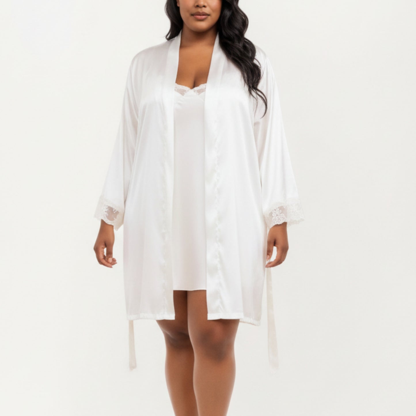 Anna-Kaci Lounge Women's PLus Size Satin Robe and Slip Set with Soft Lace Trim on Sleeves and Delicate Sheen