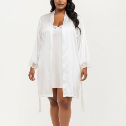 Anna-Kaci Lounge Women's PLus Size Satin Robe and Slip Set with Soft Lace Trim on Sleeves and Delicate Sheen