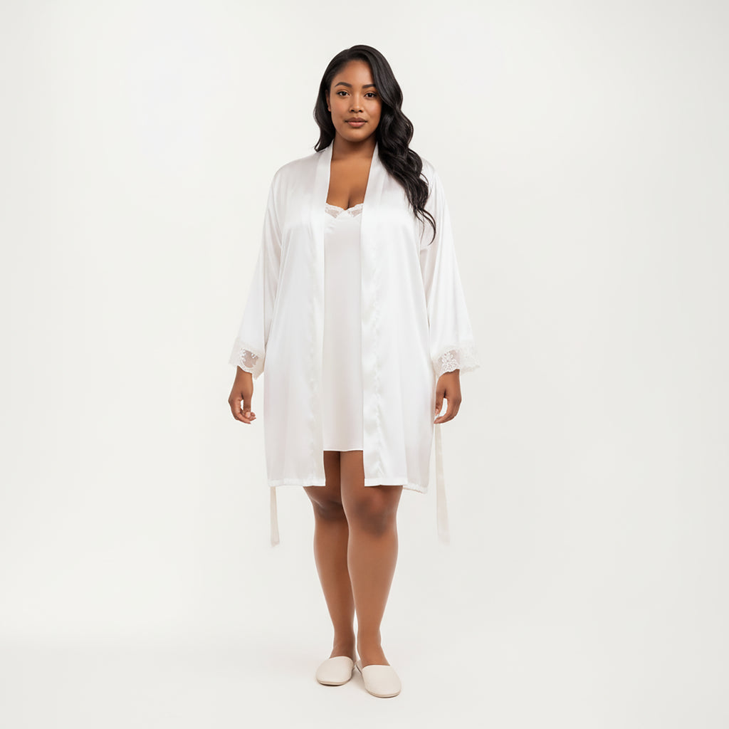 Anna-Kaci Lounge Women's PLus Size Satin Robe and Slip Set with Soft Lace Trim on Sleeves and Delicate Sheen