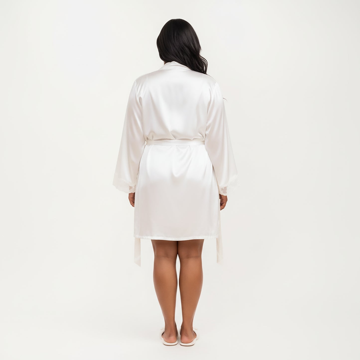 Anna-Kaci Lounge Women's PLus Size Satin Robe and Slip Set with Soft Lace Trim on Sleeves and Delicate Sheen