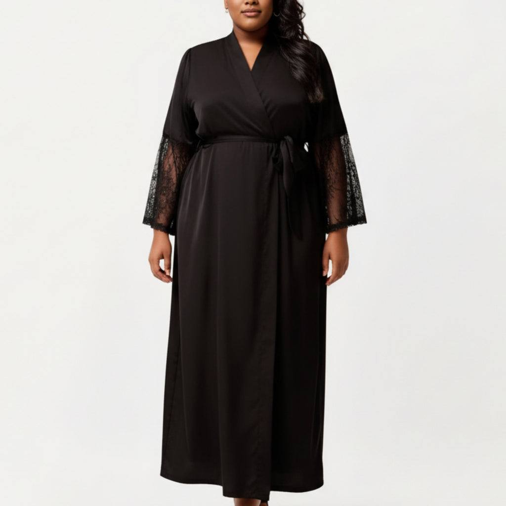 Anna-Kaci Lounge Women's PLus Size Long Satin Robe with Sheer Lace Sleeve Panels and Adjustable Tie Waist for a Flowing Silhouette