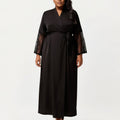 Anna-Kaci Lounge Women's PLus Size Long Satin Robe with Sheer Lace Sleeve Panels and Adjustable Tie Waist for a Flowing Silhouette