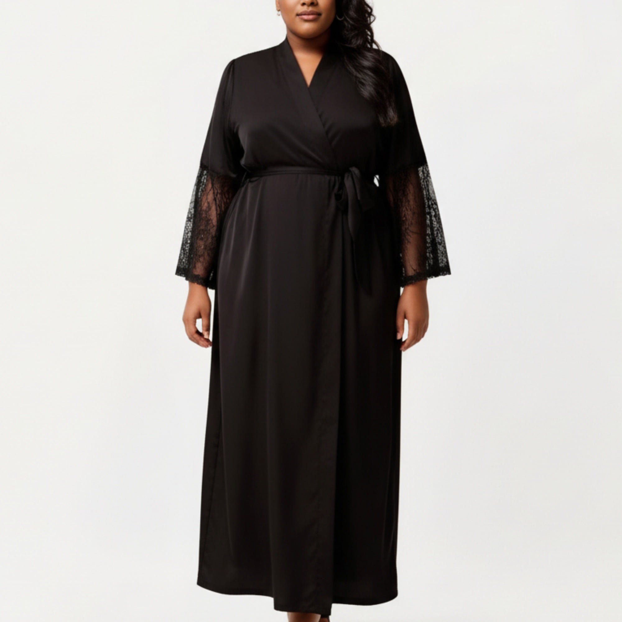 Anna-Kaci Lounge Women's PLus Size Long Satin Robe with Sheer Lace Sleeve Panels and Adjustable Tie Waist for a Flowing Silhouette