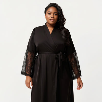 Anna-Kaci Lounge Women's PLus Size Long Satin Robe with Sheer Lace Sleeve Panels and Adjustable Tie Waist for a Flowing Silhouette