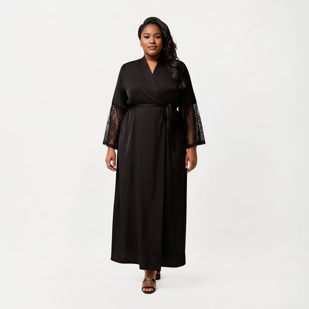 Anna-Kaci Lounge Women's PLus Size Long Satin Robe with Sheer Lace Sleeve Panels and Adjustable Tie Waist for a Flowing Silhouette