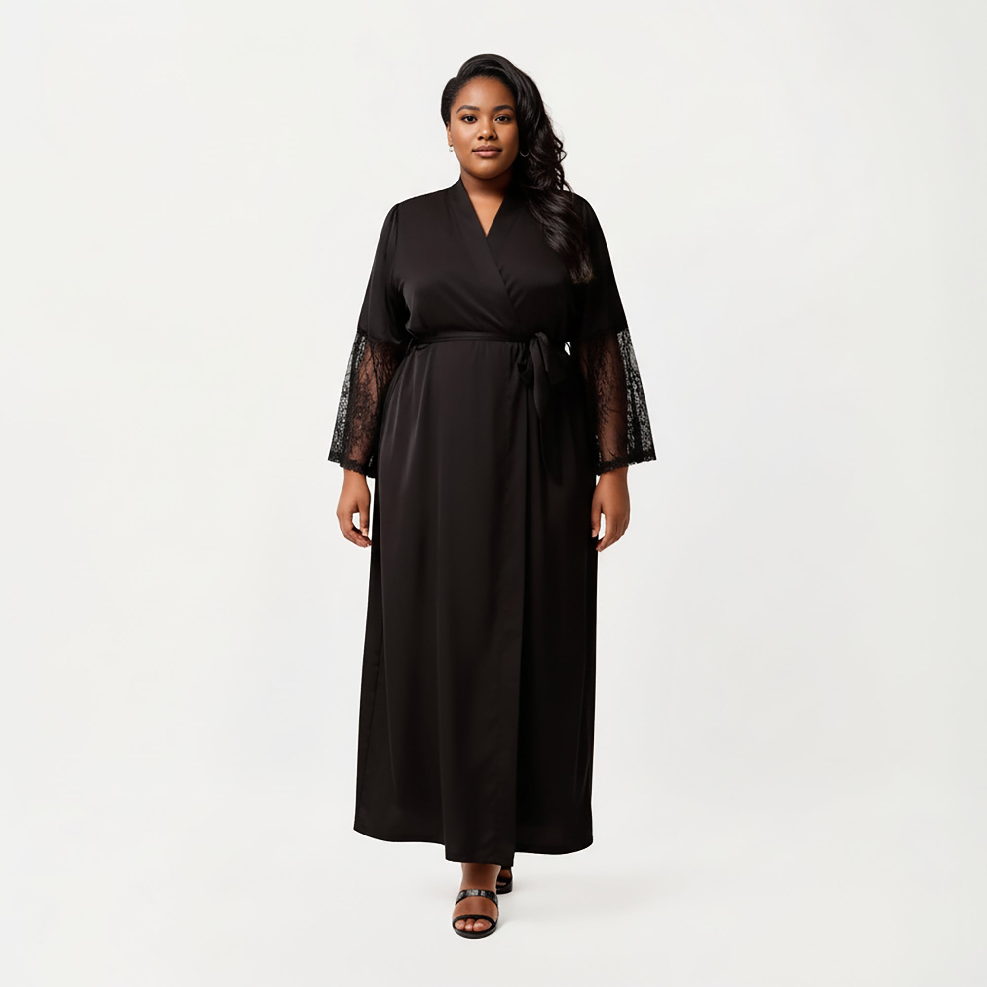 Anna-Kaci Lounge Women's PLus Size Long Satin Robe with Sheer Lace Sleeve Panels and Adjustable Tie Waist for a Flowing Silhouette